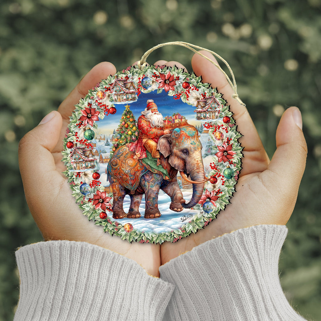 Santa on Elephant Wreath Wooden Ornaments by G. Debrekht Christmas Santa Snowman Decor - 8611043