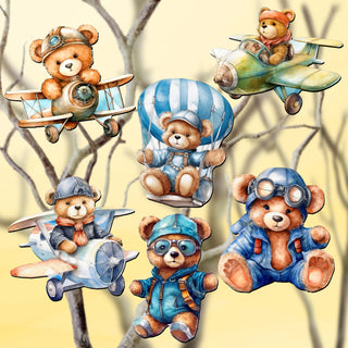 Aviator Teddy Bear Clip-On Eco Wood Decorative Ornaments Set of 6 by G. Debrekht - Christmas Decor - 8090010C-S6