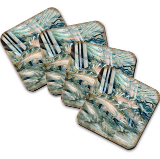 a set of coasters with a vibrant, abstract design depicting fish and aquatic life.