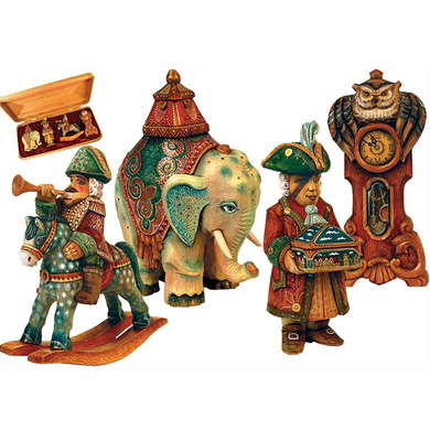 a collection of colorful and intricately designed figurines, including a man riding a horse, an elephant, and a clock.
