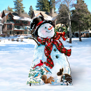 A snowman decorated with various animals, including a bird, a rabbit, and a squirrel, stands in a snowy landscape with houses and trees in the background.