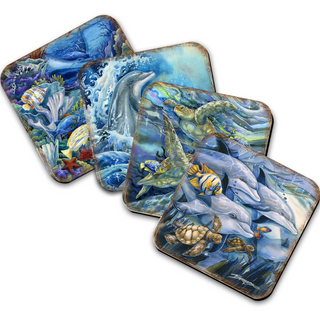 four square coasters with vibrant, colorful marine life illustrations, including fish, sharks, and other sea creatures.