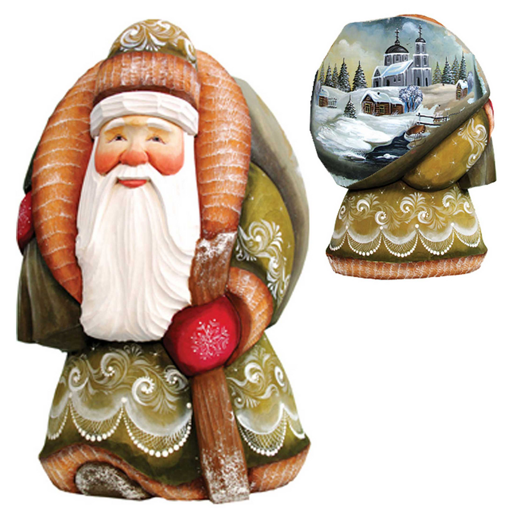 two figurines of Santa Claus, one with a painted landscape and the other with a carved design.