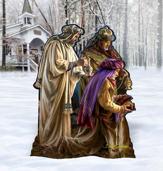 A cardboard cutout of three figures in traditional robes, likely representing the Three Wise Men, is shown in a snowy outdoor setting.