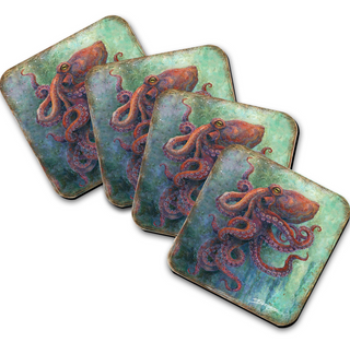 a collection of square coasters with a vibrant painting of an octopus on them.