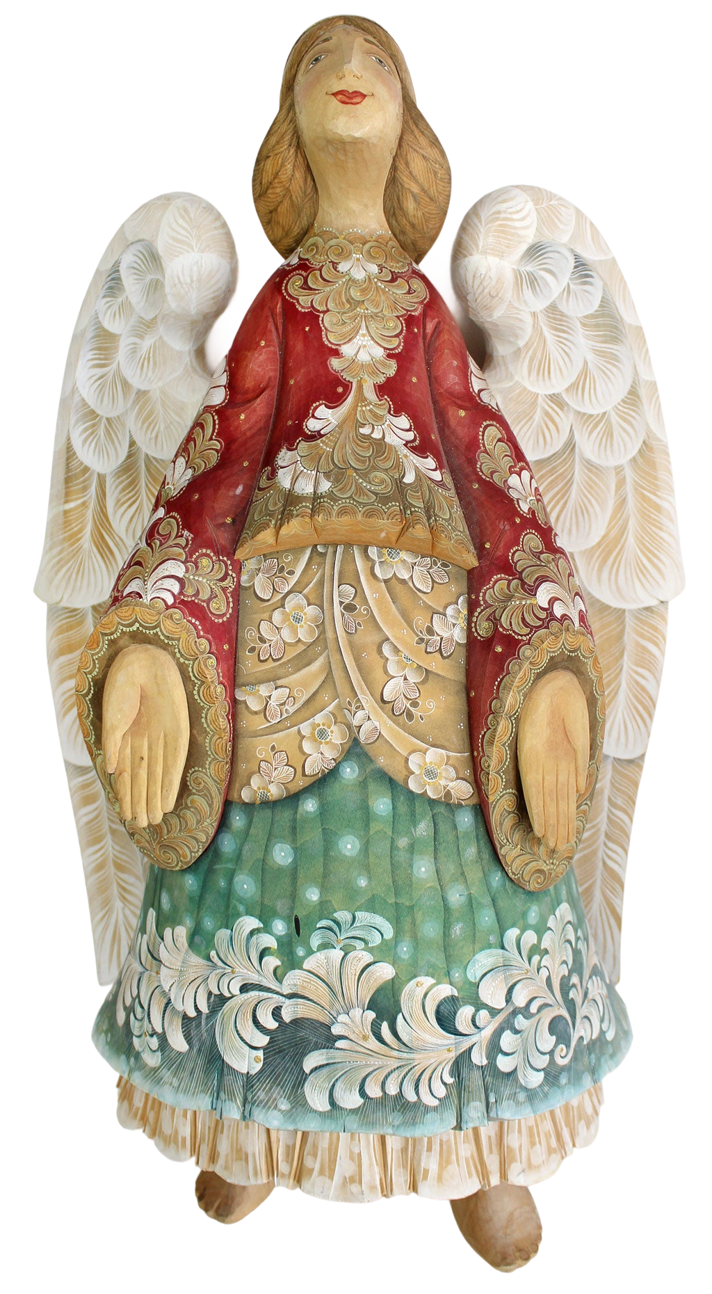 A wooden statue of an angel with white wings and a red and gold dress, standing against a black background.