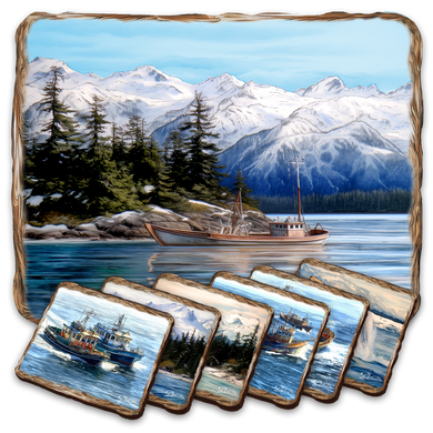 Fishing Boats Wooden Cork Placemat and Coasters Gift Set of 7 by Nature Wonders Nature Wildlife Decor  - 85405C-S7