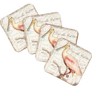 a collection of four coasters, each featuring a different illustration of a bird, likely a flamingo.