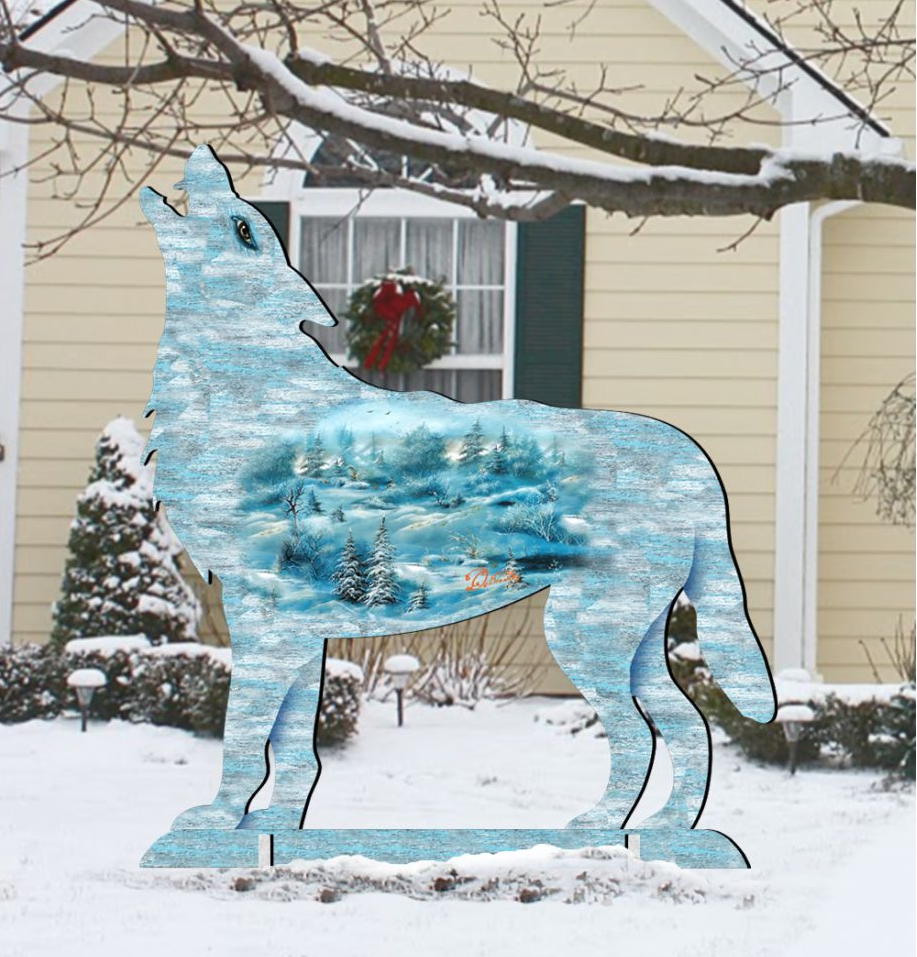 A wooden wolf statue stands in a snowy landscape, its eyes focused upwards as if howling.