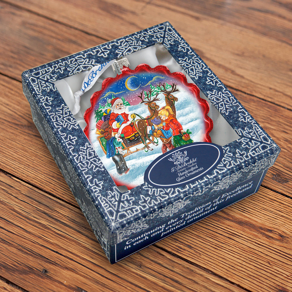 a blue and white box with a picture of santa on a sleigh