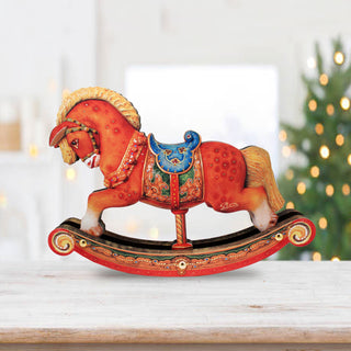Rocking Horse Decorated Centerpiece Wooden Figurine by G DeBrekht - Christmas Santa and Snowman Decor - 89311