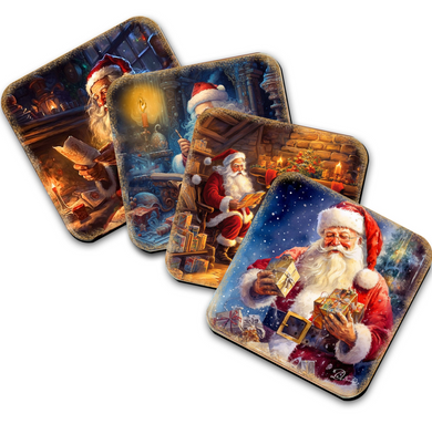 four distinct Christmas-themed illustrations, each depicting a different scene with Santa Claus.