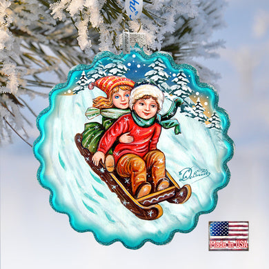 Kids Happy Sledging Wreath Glass Ornament by G. DeBrekht - Christmas Decor - 759-045