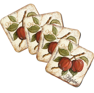 four square coasters with a painting of apples on them.