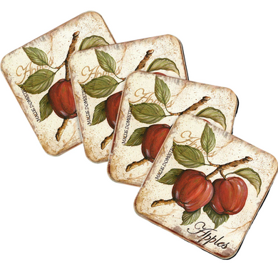 four square coasters with a painting of apples on them.