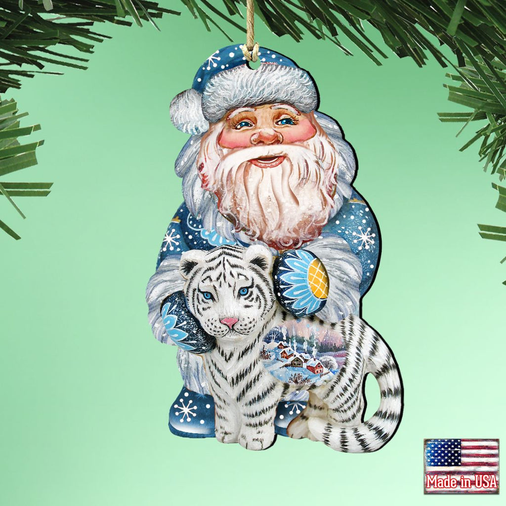 White Tiger Santa Wooden Ornaments by G. DeBrekht - Christmas Santa Snowman Decor - 8118091