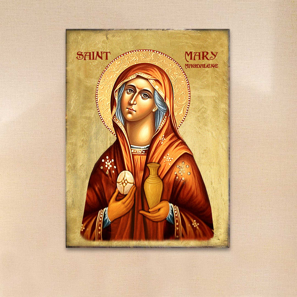 a religious icon of Saint Mary, with the text 