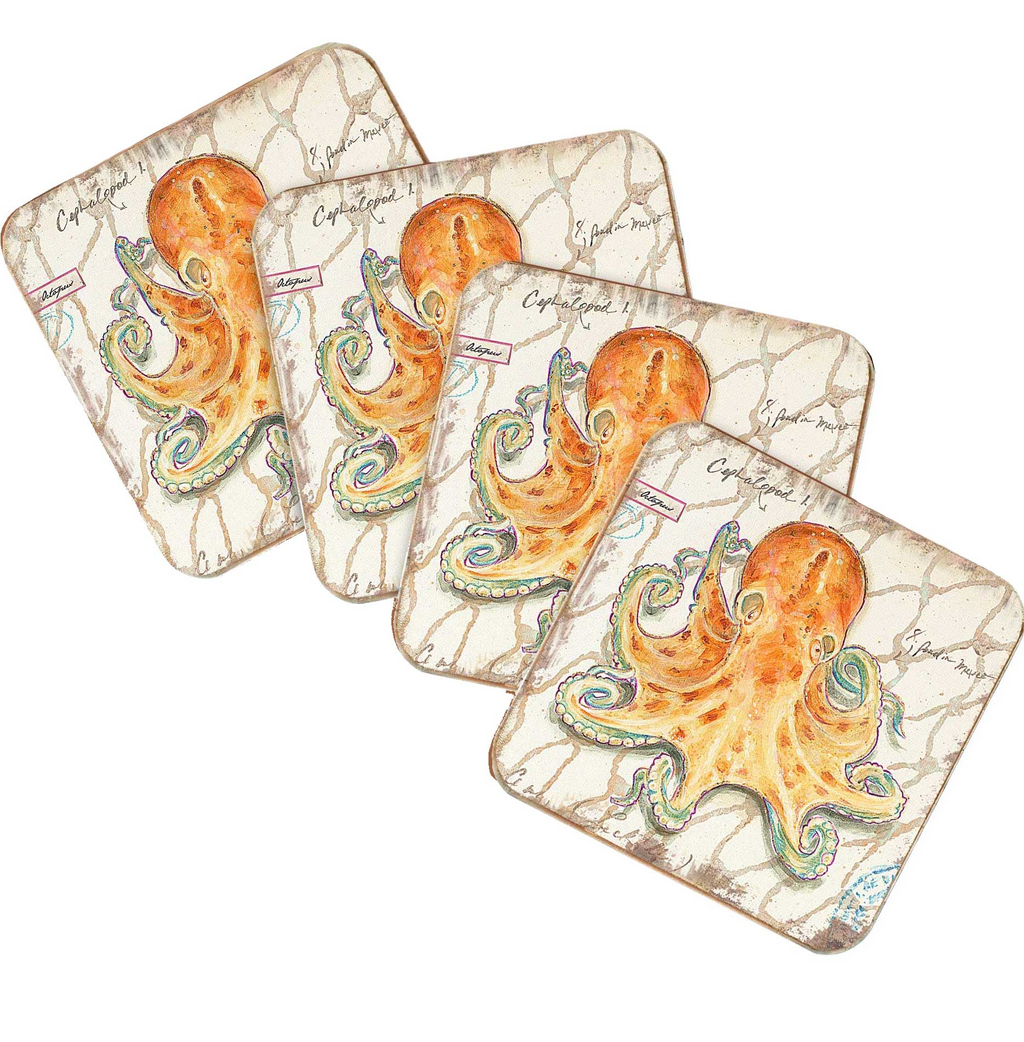 a collection of four square coasters, each featuring an illustration of an orange octopus.