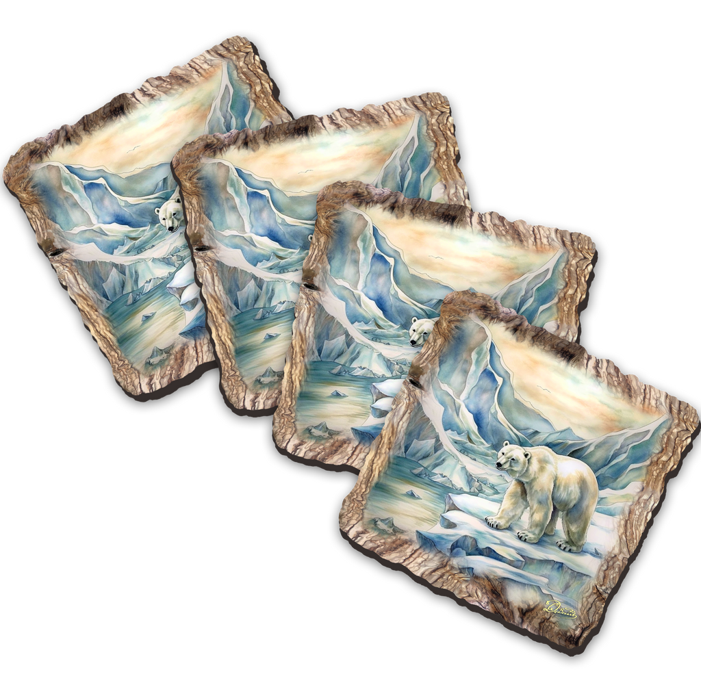 The image is a collage of four square images depicting a polar bear in various natural settings, including snowy mountains, icy landscapes, and icy waters.