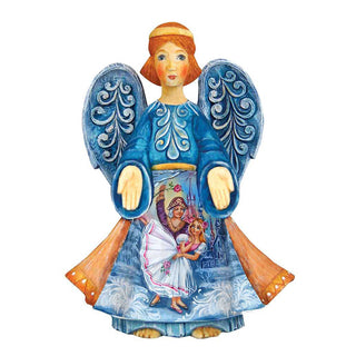 A blue and white painted angel figurine with intricate designs and patterns, including a scene of a woman and a child.