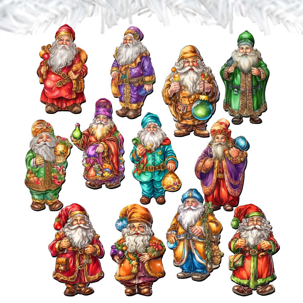 Colorful Santa Clip-On Eco Wood Decorative Ornaments Set of 12 by G. Debrekht - Christmas Decor - 8090050C-S12