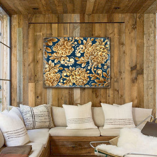 Gold Floral Art on Navy Blue Rustic Wooden Wall Art by G. DeBrekht - Floral Ornamental Decor - 95014B