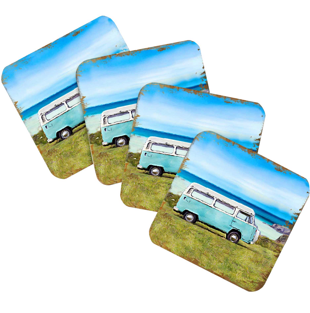 A set of four square coasters featuring a vintage blue and white van parked on a grassy field near the ocean.