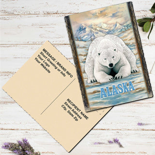 A postcard featuring an illustration of a polar bear and the word 