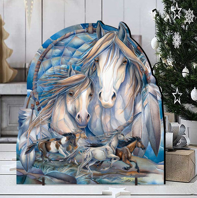 a large, colorful painting of two horses, one white and one brown, surrounded by other horses, all set against a backdrop of a dreamcatcher and a Christmas tree.