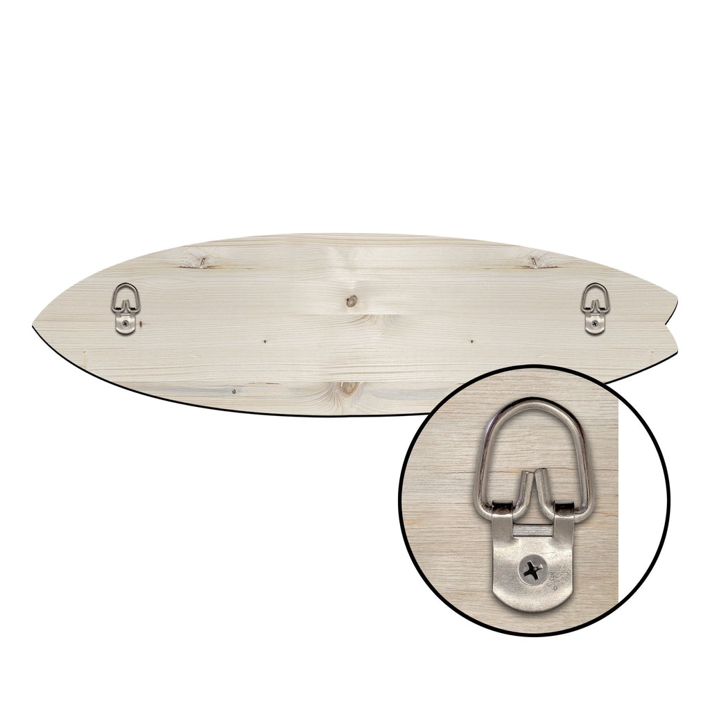 a wooden surfboard mounted on a wall, with a metal hook attached to it.