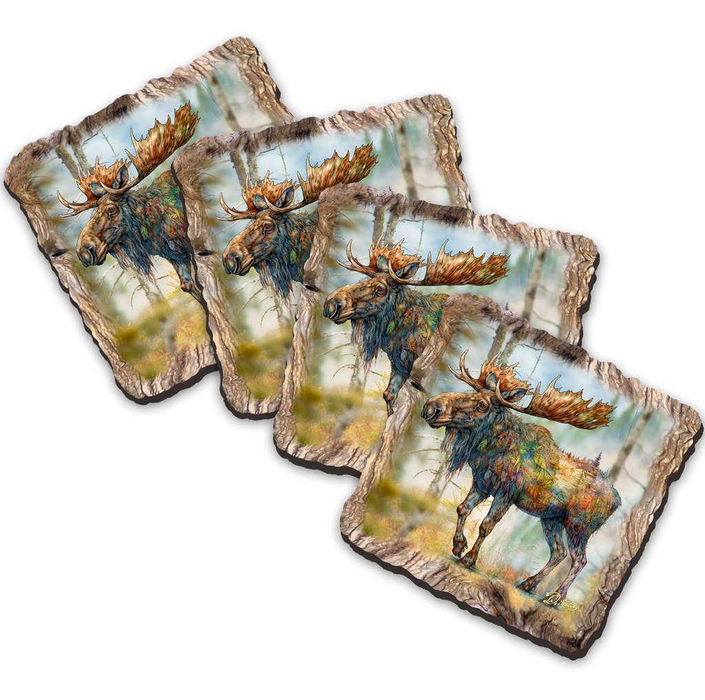 The image is a collage of four square images depicting moose in various poses and settings, including a forest environment.