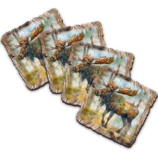 The image is a collage of four square images depicting moose in various poses and settings, including a forest environment.