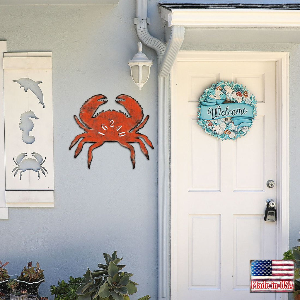 Crab Coastal Wooden Personalized House Number Sign by G. Odebrecht - Coastal Sea-Life Decor - Handcrafted Wooden Handcrafted Wooden Address Sign - MA98511