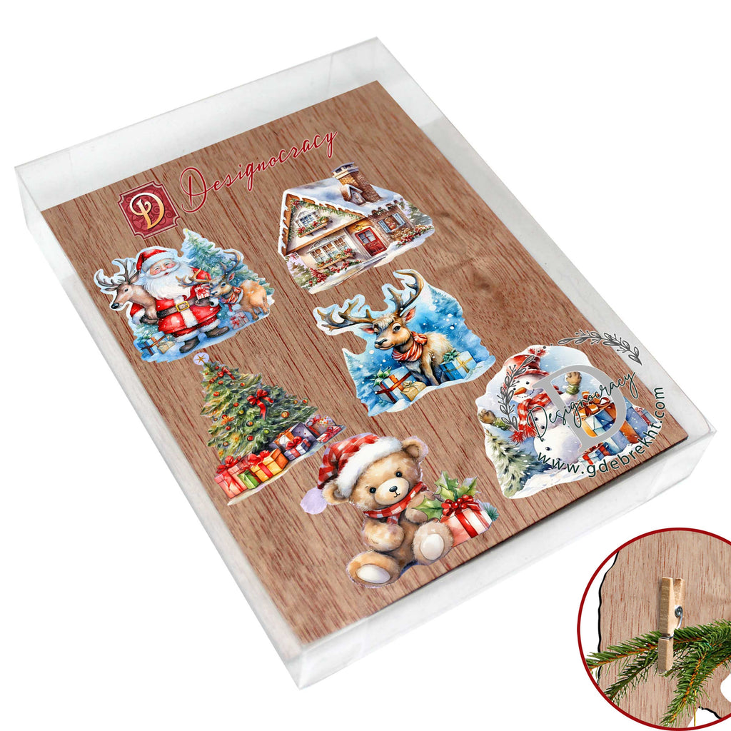 Christmas Is Here Clip-On Eco Wood Decorative Ornaments Set of 6 by G. Debrekht - Christmas Decor - 8090028C-S6