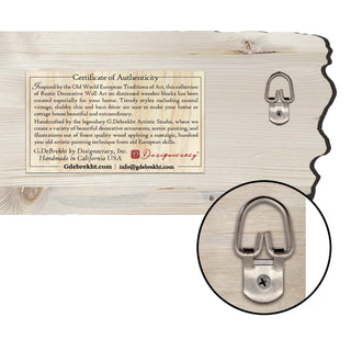 The image is a wooden surface with a metal hook attached to it. The hook is described as a 