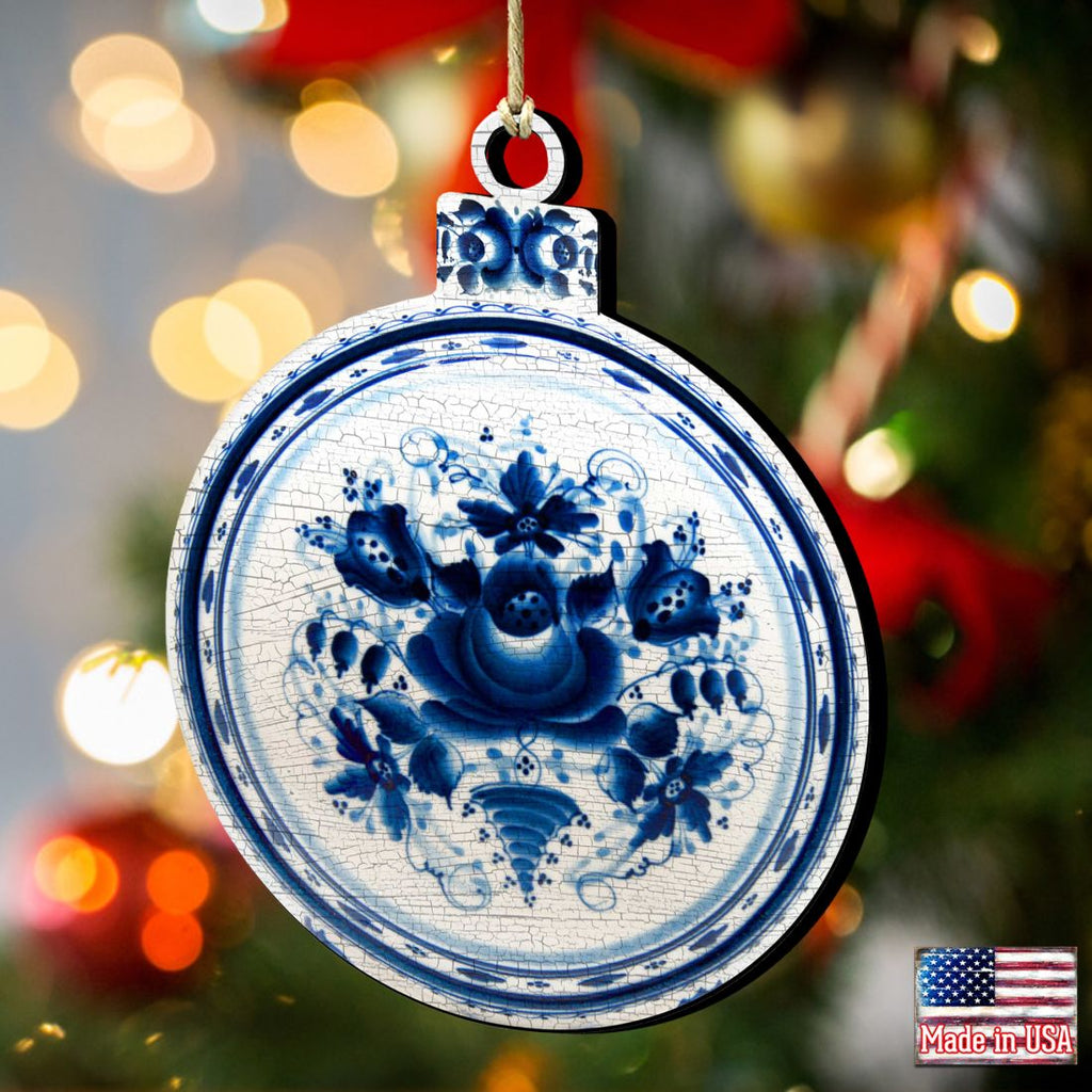 White and Blue Round Wooden Ornaments - Christmas Decor - 8117422