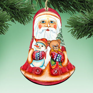 A Christmas ornament featuring a Santa Claus figure with a teddy bear and a snowman, all wearing colorful winter clothing.