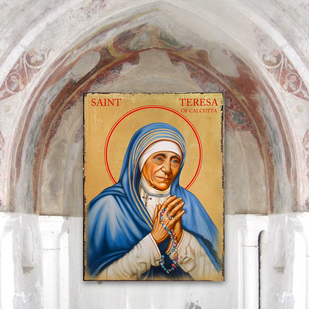a religious figure, likely a saint, wearing a blue robe and holding a rosary. The figure is surrounded by an ornate archway, which adds to the religious and symbolic atmosphere of the scene.