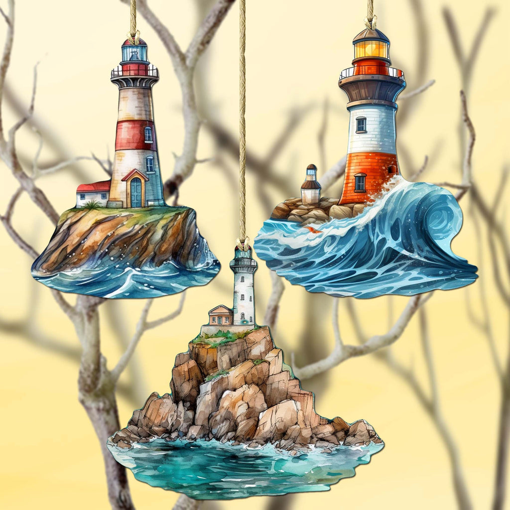 Lighthouse Decorative Eco Wood Ornaments Set of 3 by G. Debrekht - Coastal Decor - 8091022-S3