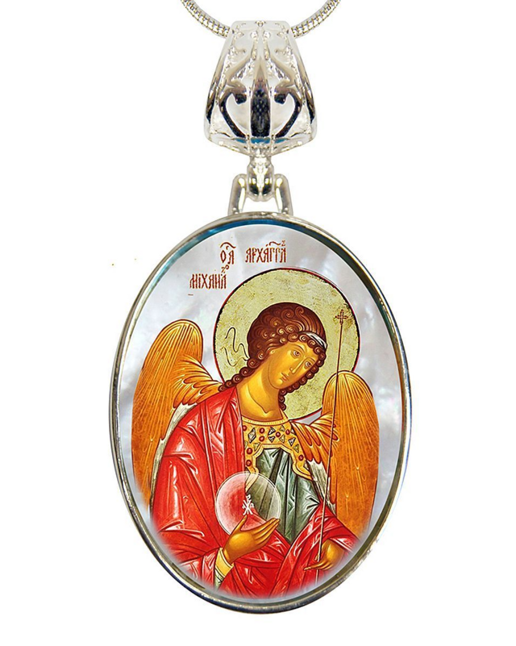 a pendant with a religious icon of an angel, which is a symbol of divine love and protection.