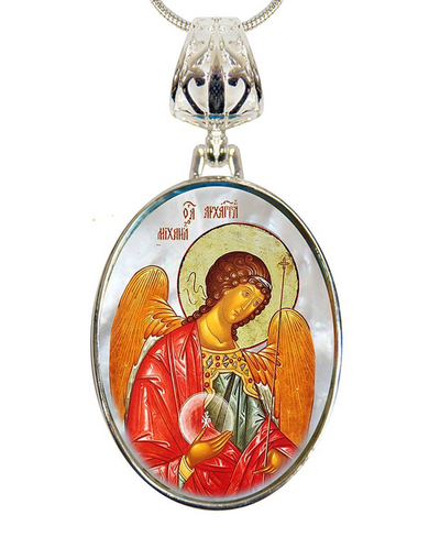 a pendant with a religious icon of an angel, which is a symbol of divine love and protection.