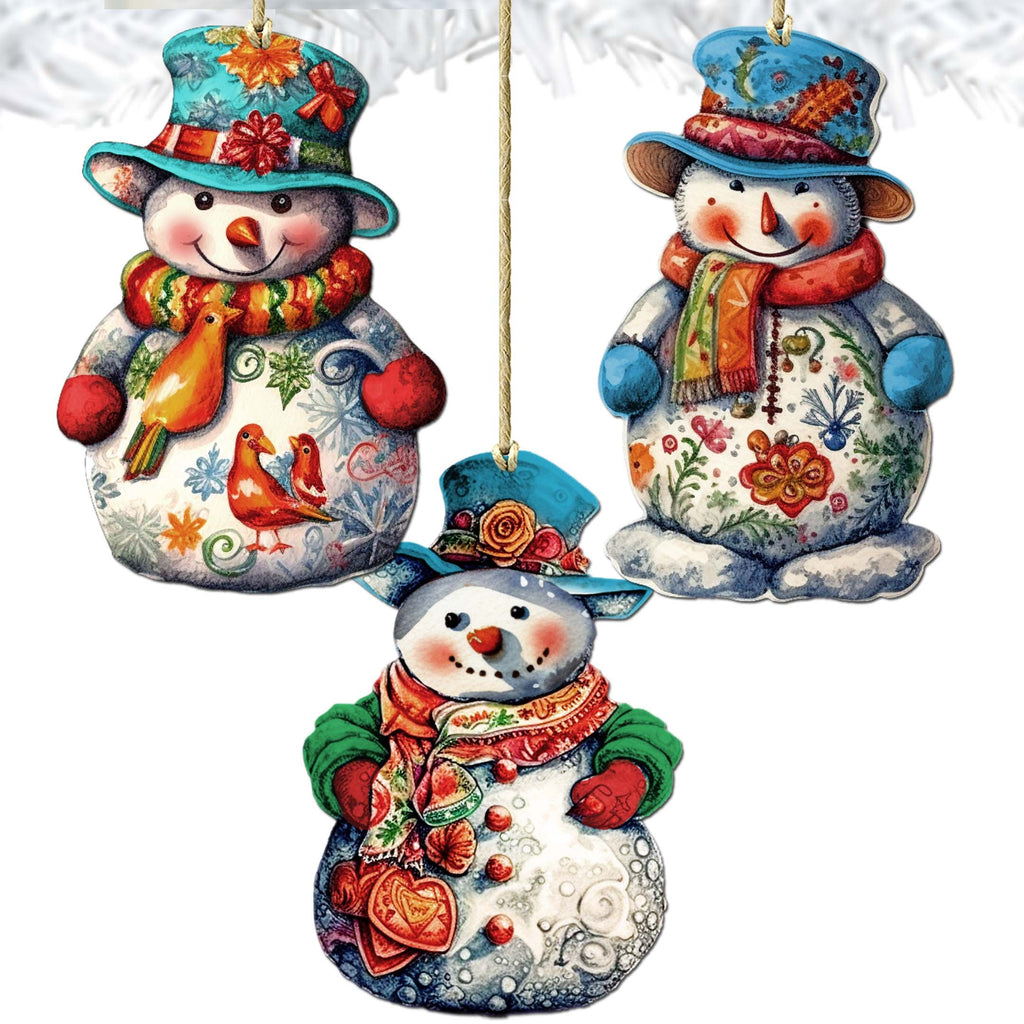 Snowman Decorative Eco Wood Ornaments Set of 3 by G. Debrekht - Christmas Decor - 8091023-S3