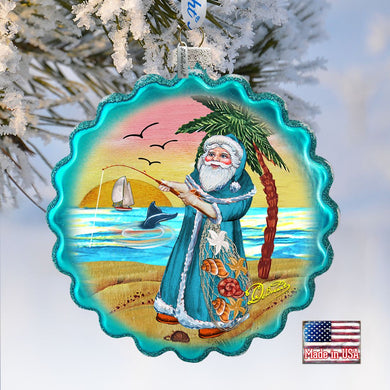 Santa with Shells Wreath Glass Ornament by G. DeBrekht - Coastal Holiday Decor - 759-041