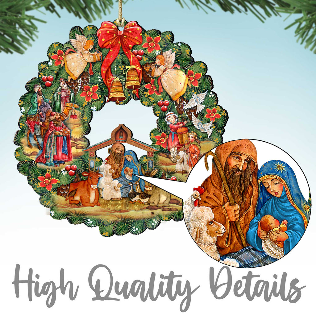Santa Wreath with Birds Wooden Ornaments by G. DeBrekht - Christmas Santa Snowman Decor - 8185320