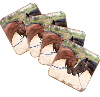 The image is a collage of four images depicting horses in various poses and settings.