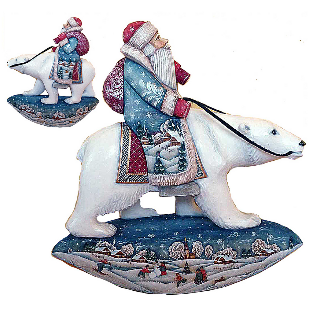 two figurines, one of Santa Claus riding a polar bear and the other of Santa Claus riding a reindeer.
