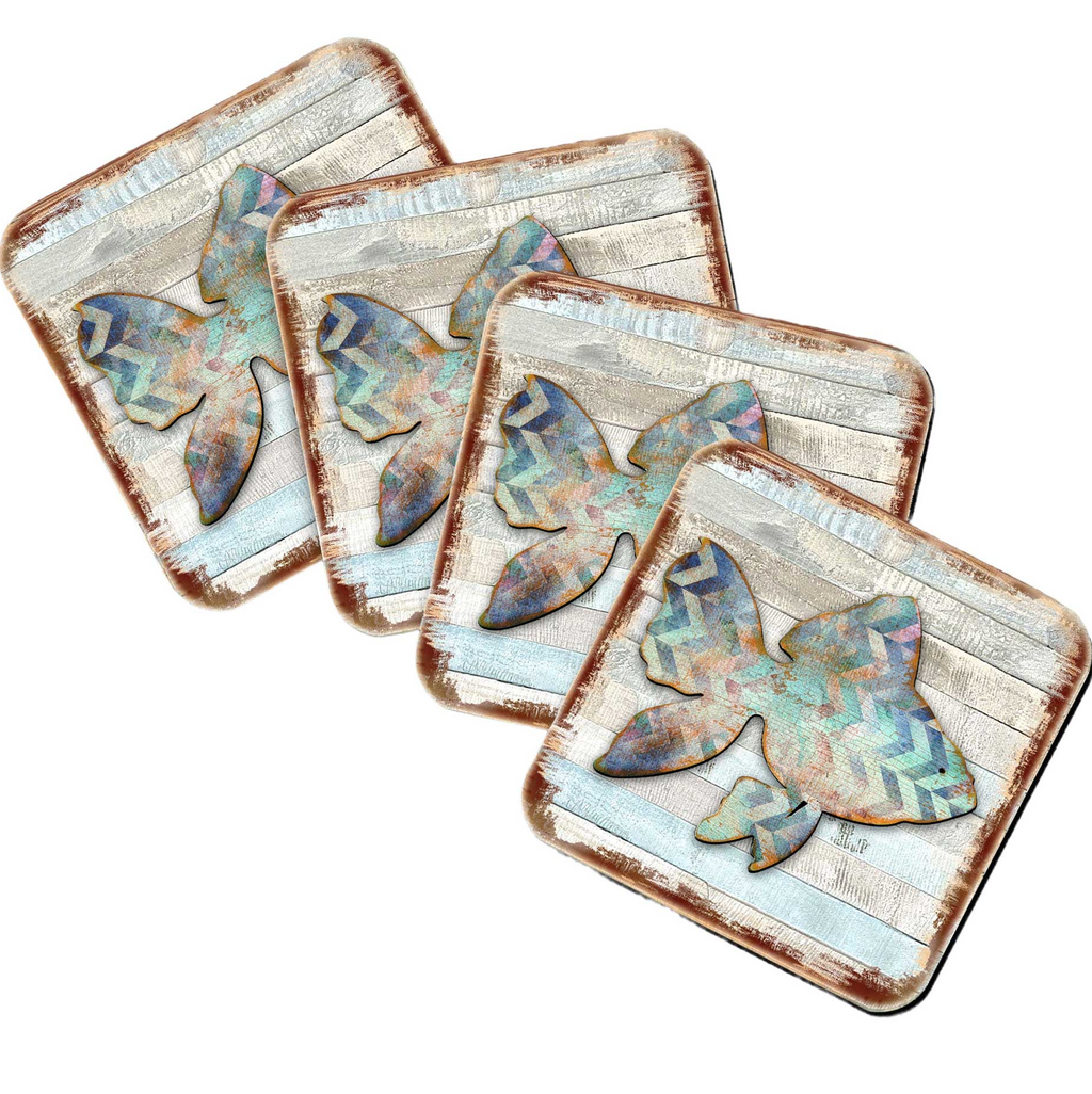 four square coasters with a butterfly design on them.