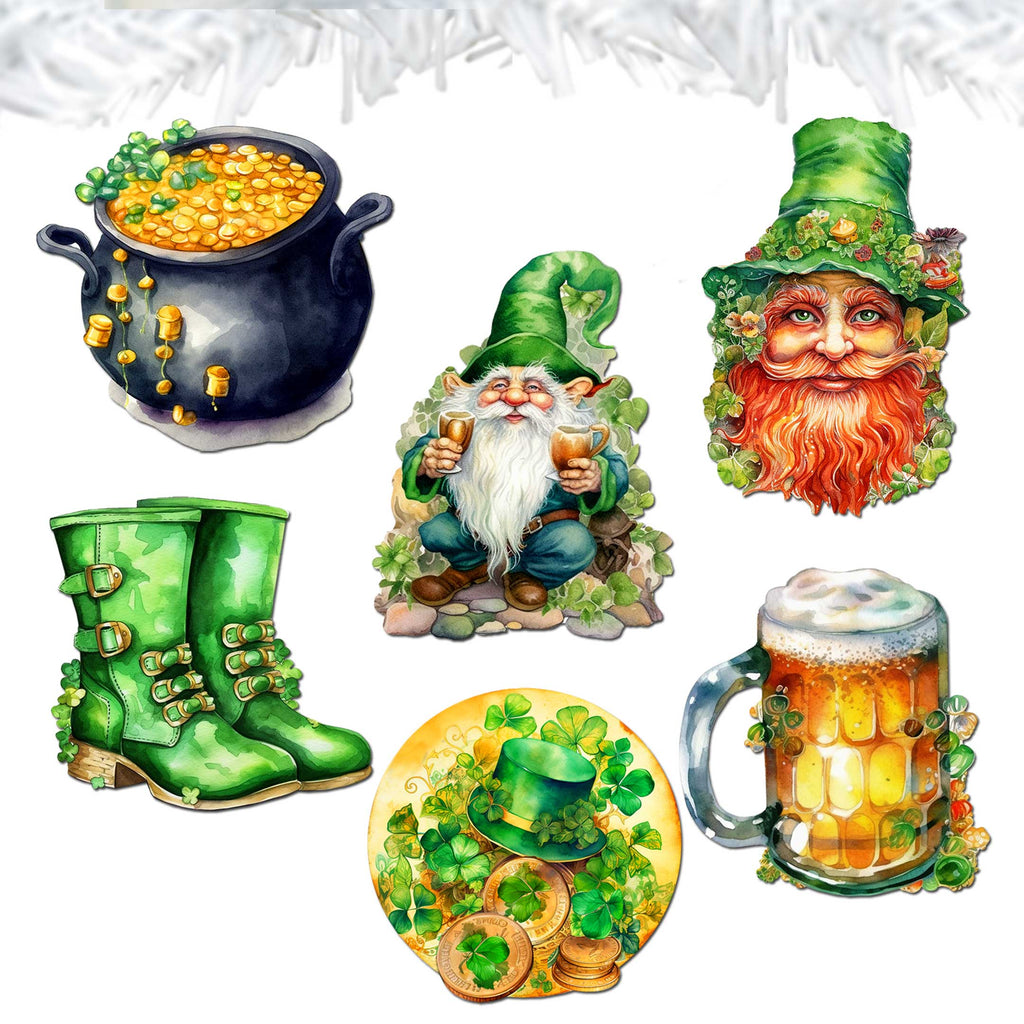 St. Patrick Day Clip-On Eco Wood Decorative Ornaments Set of 6 by G. Debrekht - St. Patrick Day Decor - 8090058C-S6