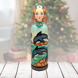 Dolphins Hand-Painted Wooden Bottle Holder, Wine Box, Tall Gift Box by G. DeBrekht - Coastal Holiday Decor - 190813