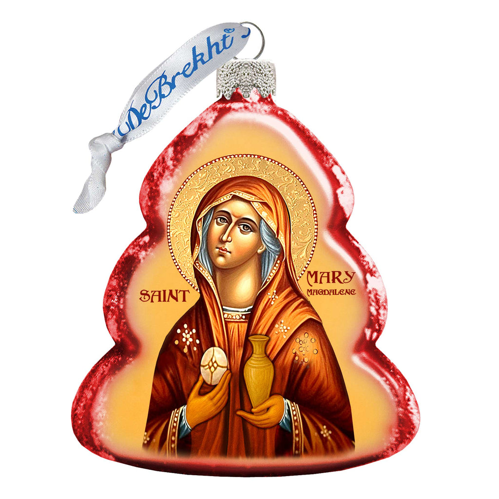 a glass ornament shaped like a tree, with a depiction of a woman wearing a red robe and holding a vase.